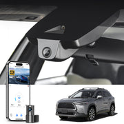Mangoal 2 channel dash cam with STARVIS sensor, features smartphone app control, front 4K UHD and rear Full HD recording, GPS tracking, and Toyota Corolla Cross in the background.
