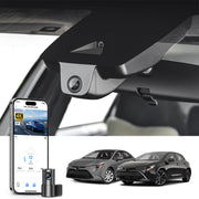 Mangoal 2 channel dash cam with STARVIS sensor, features smartphone app control, front 4K UHD and rear Full HD recording, GPS tracking, and Toyota Corolla in the background.