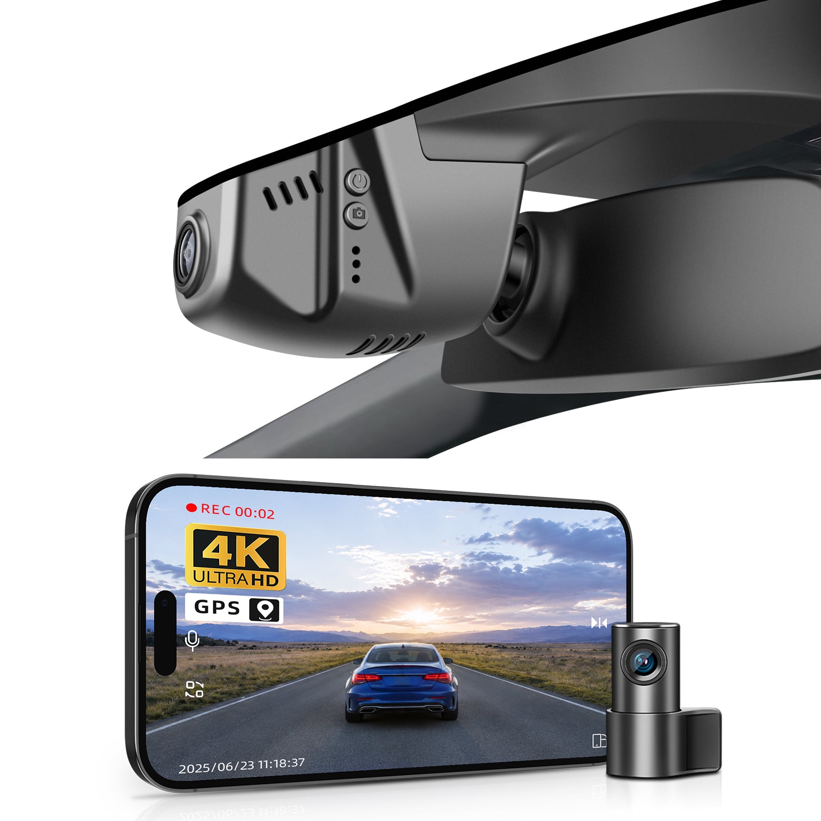 Mangoal 2 channel dash cam with STARVIS sensor, features smartphone app control, front 4K UHD and rear Full HD recording, GPS tracking, and Volkswagen Arteon Black in the background.