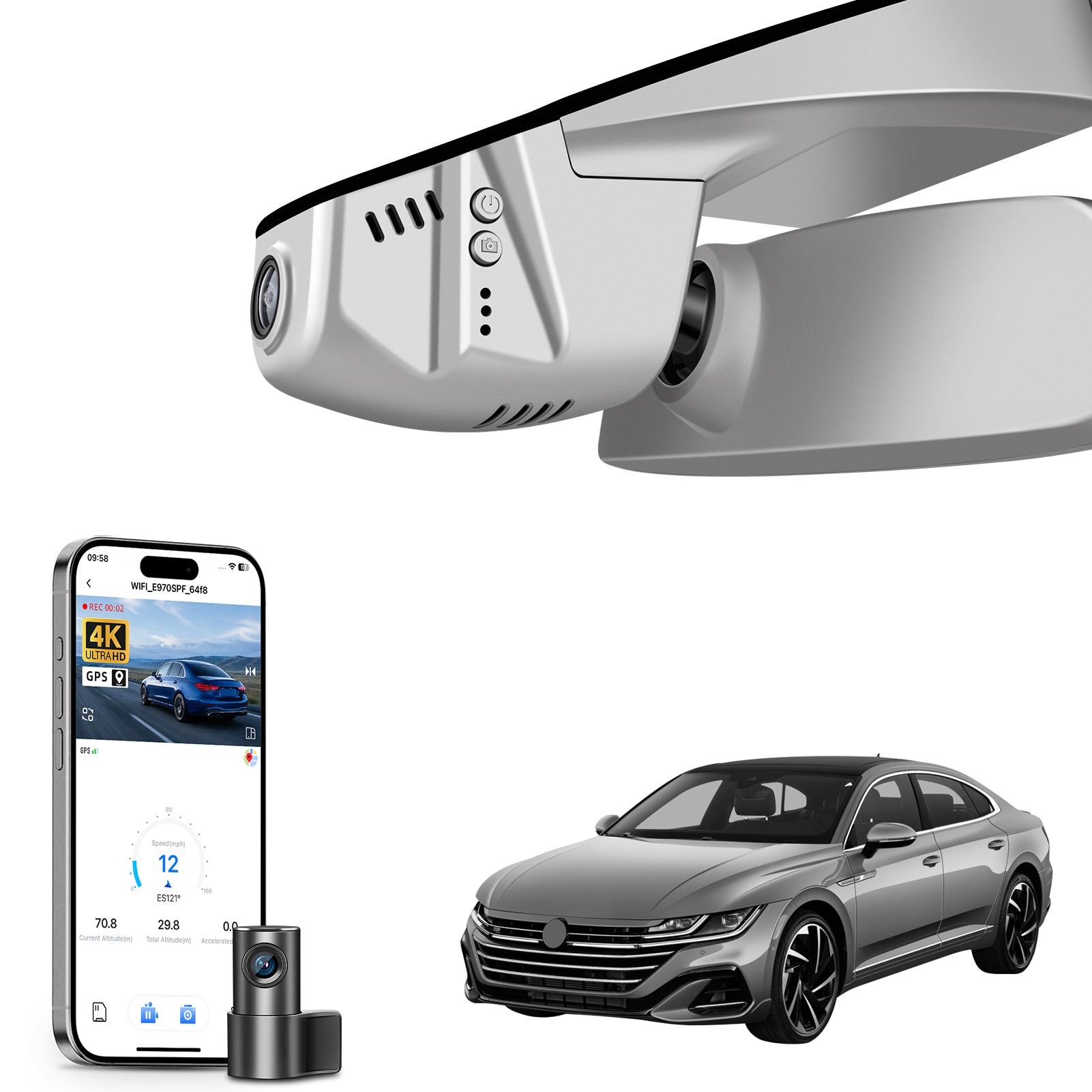 Mangoal 2 channel dash cam with STARVIS sensor, features smartphone app control, front 4K UHD and rear Full HD recording, GPS tracking, and Volkswagen Arteon in the background.