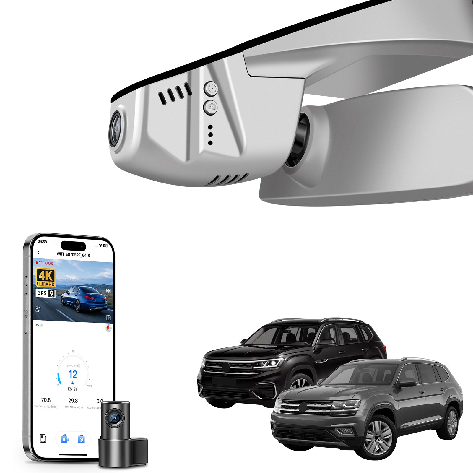 Mangoal 2 channel dash cam with STARVIS sensor, features smartphone app control, front 4K UHD and rear Full HD recording, GPS tracking, and Volkswagen Volkswagen Atlas & Atlas Cross Sport in the background.