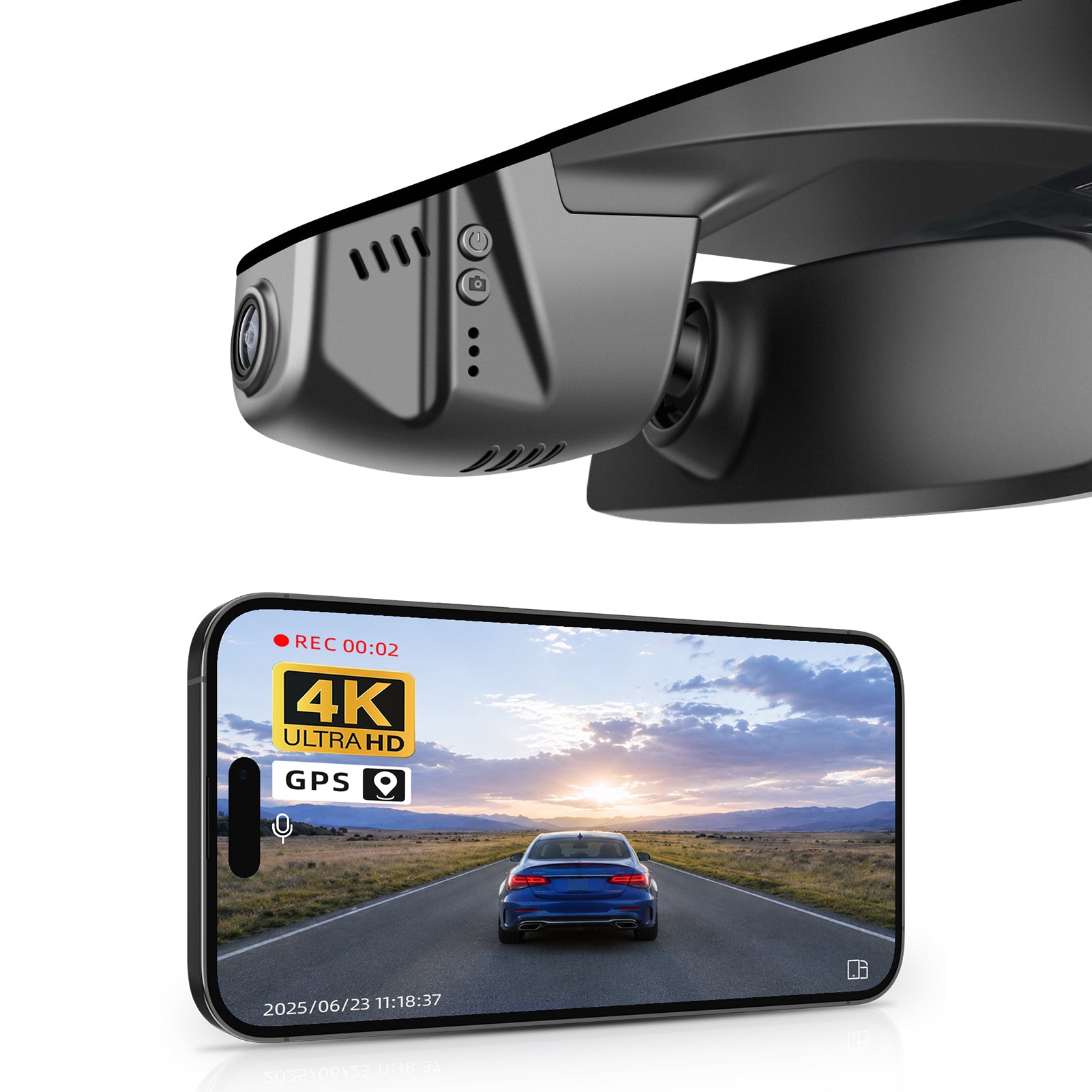 Mangoal 2 channel dash cam with STARVIS sensor, features smartphone app control, front 4K UHD and rear Full HD recording, GPS tracking, and Volkswagen Golf in the background.