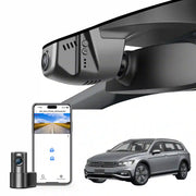 Mangoal 2 channel dash cam with STARVIS sensor, features smartphone app control, front 4K UHD and rear Full HD recording, GPS tracking, and Volkswagen Passat in the background.