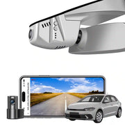 Mangoal 2 channel dash cam with STARVIS sensor, features smartphone app control, front 4K UHD and rear Full HD recording, GPS tracking, and Volkswagen Polo in the background.