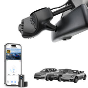 Mangoal 2 channel dash cam with STARVIS sensor, features smartphone app control, front 4K UHD and rear Full HD recording, GPS tracking, and Volkswagen Series in the background.