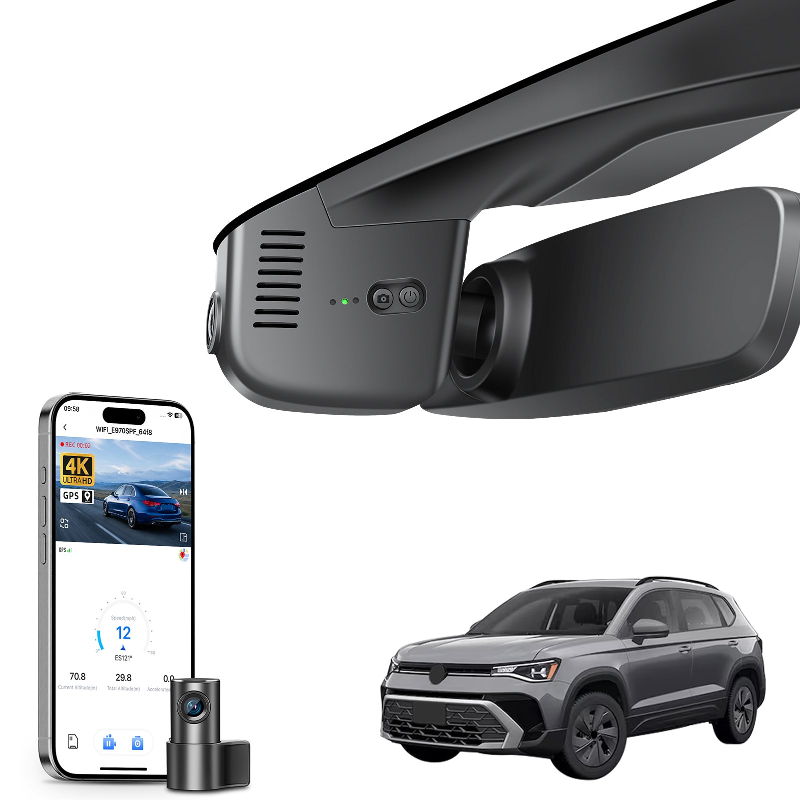 Mangoal 2 channel dash cam with STARVIS sensor, features smartphone app control, front 4K UHD and rear Full HD recording, GPS tracking, and Volkswagen Taos in the background.