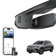 Mangoal 2 channel dash cam with STARVIS sensor, features smartphone app control, front 4K UHD and rear Full HD recording, GPS tracking, and Volkswagen Taos in the background.