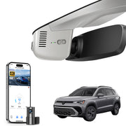 Mangoal 2 channel dash cam with STARVIS sensor, features smartphone app control, front 4K UHD and rear Full HD recording, GPS tracking, and Volkswagen Taos in the background.