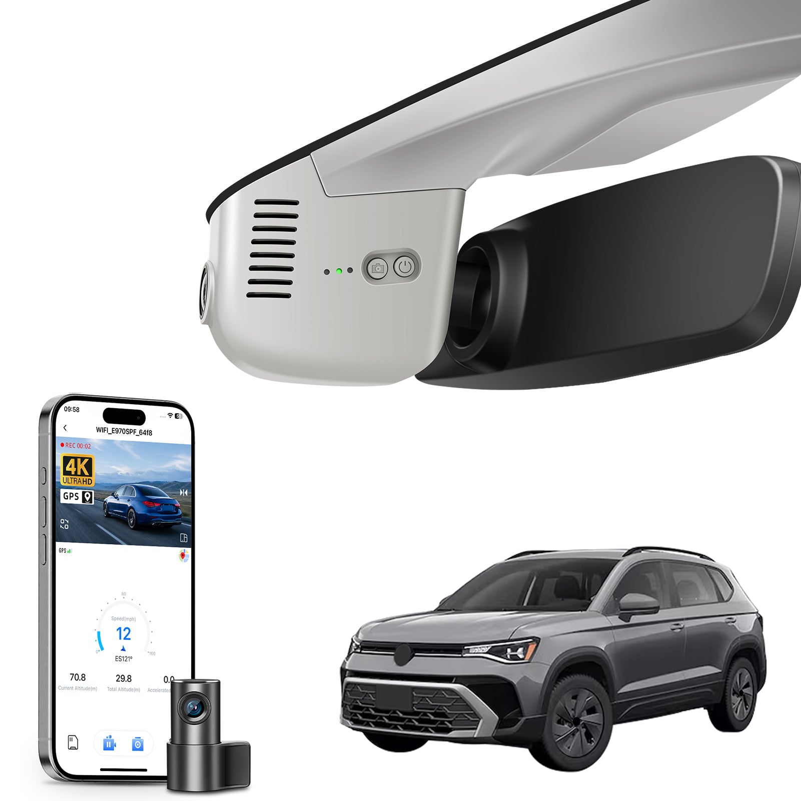 Mangoal 2 channel dash cam with STARVIS sensor, features smartphone app control, front 4K UHD and rear Full HD recording, GPS tracking, and Volkswagen Taos in the background.