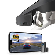 Mangoal 2 channel dash cam with STARVIS sensor, features smartphone app control, front 4K UHD and rear Full HD recording, GPS tracking, and Volkswagen Tiguan in the background.
