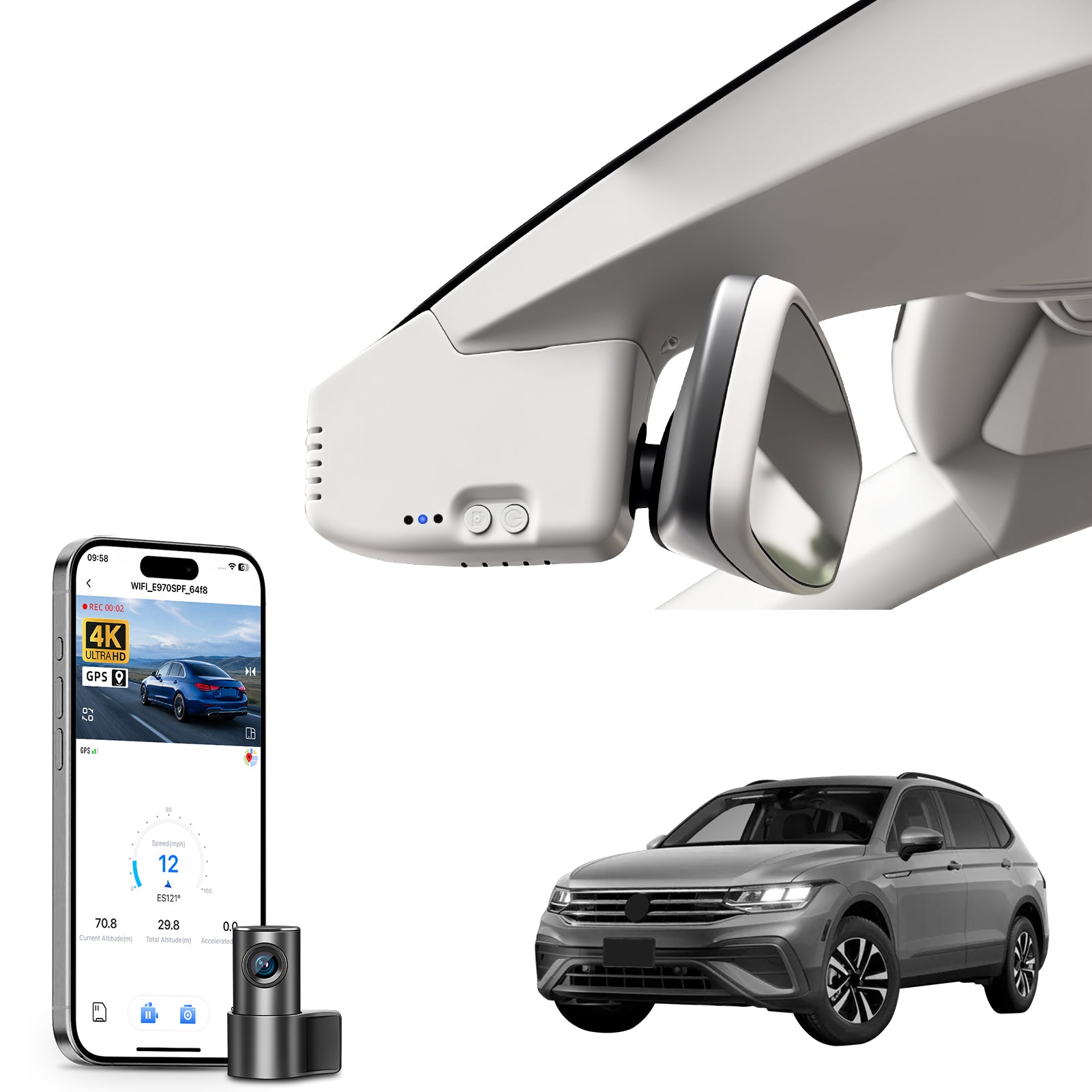 Mangoal 2 channel dash cam with STARVIS sensor, features smartphone app control, front 4K UHD and rear Full HD recording, GPS tracking, and Volkswagen Tiguan in the background.