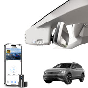 Mangoal 2 channel dash cam with STARVIS sensor, features smartphone app control, front 4K UHD and rear Full HD recording, GPS tracking, and Volkswagen Tiguan in the background.