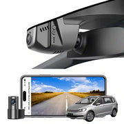 Mangoal 2 channel dash cam with STARVIS sensor, features smartphone app control, front 4K UHD and rear Full HD recording, GPS tracking, and Volkswagen Touran in the background.