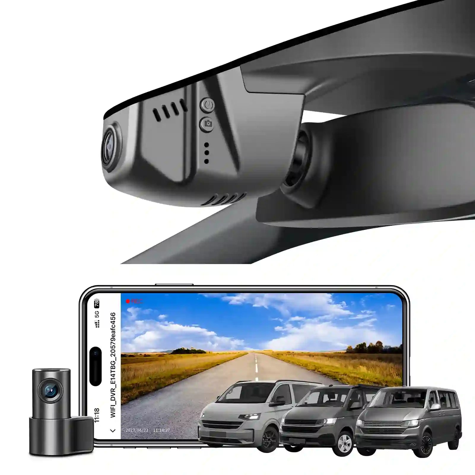 Mangoal 2 channel dash cam with STARVIS sensor, features smartphone app control, front 4K UHD and rear Full HD recording, GPS tracking, and Volkswagen Transporter in the background.