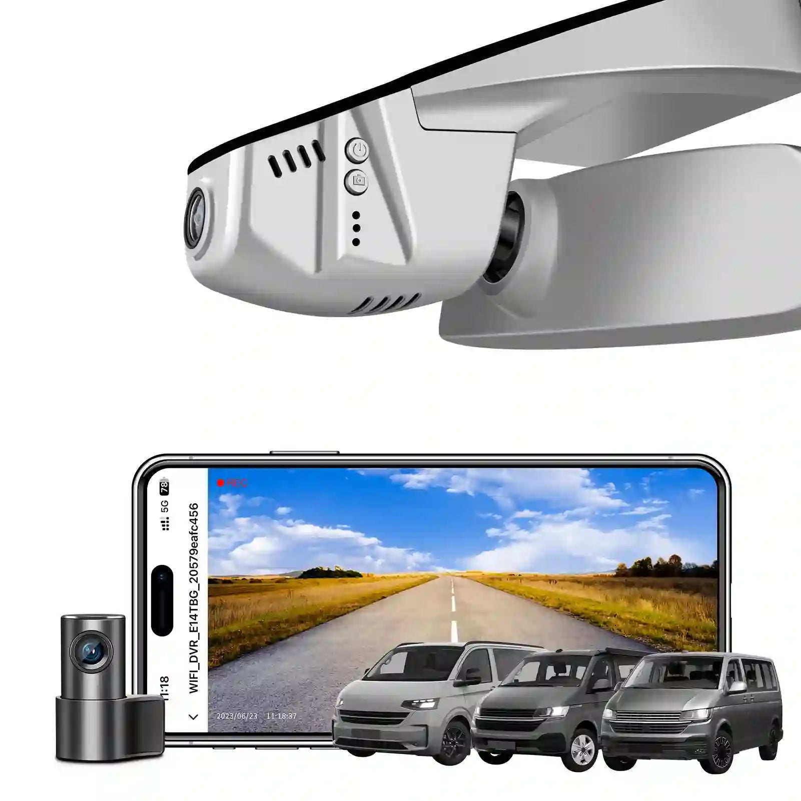 Mangoal 2 channel dash cam with STARVIS sensor, features smartphone app control, front 4K UHD and rear Full HD recording, GPS tracking, and Volkswagen Transporter in the background.