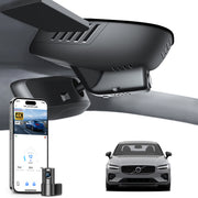 Mangoal 2 channel dash cam with STARVIS sensor, features smartphone app control, front 4K UHD and rear Full HD recording, GPS tracking, and Volvo S60 V60 in the background.