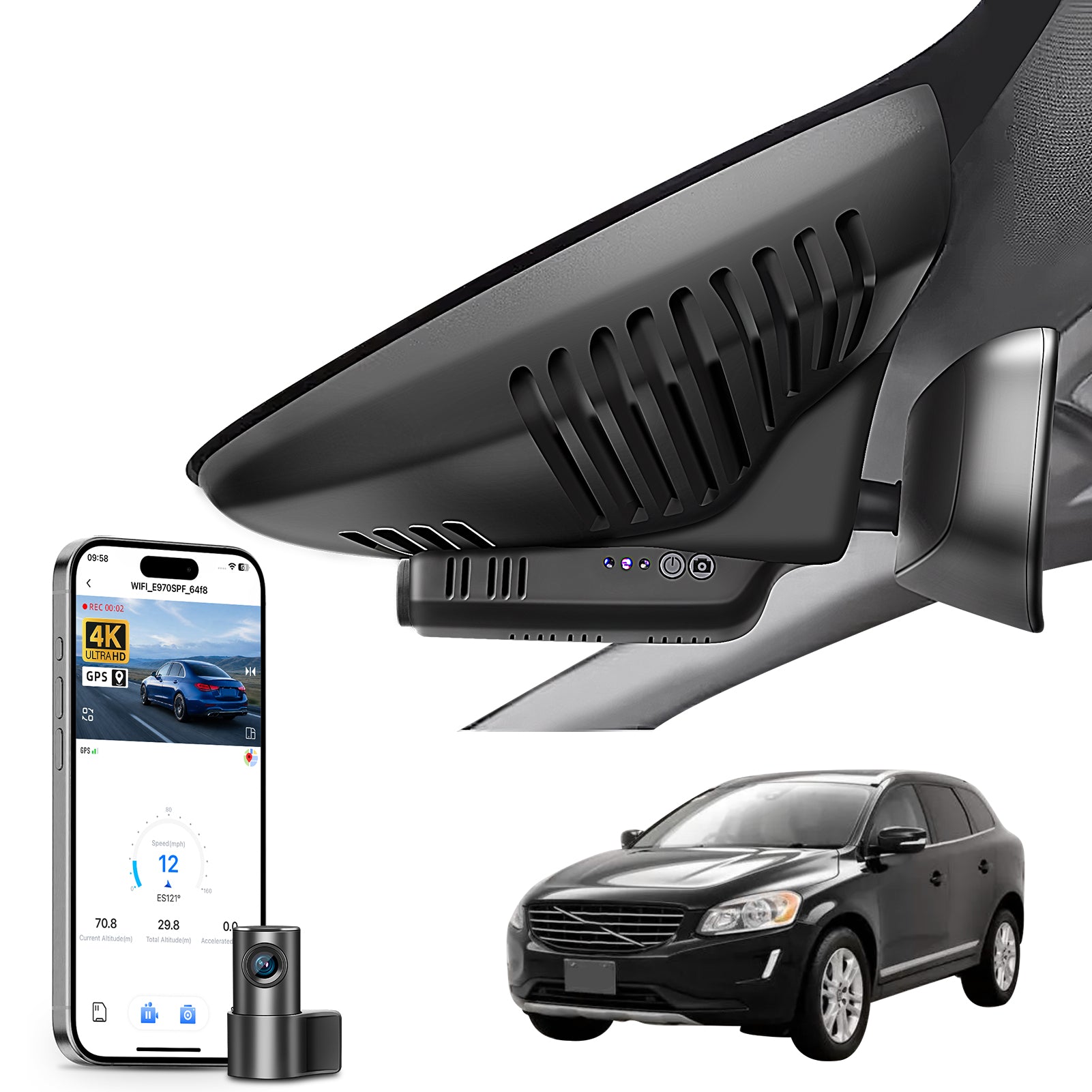 Mangoal 2 channel dash cam with STARVIS sensor, features smartphone app control, front 4K UHD and rear Full HD recording, GPS tracking, and Volvo XC60 in the background.