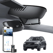 Mangoal 2 channel dash cam with STARVIS sensor, features smartphone app control, front 4K UHD and rear Full HD recording, GPS tracking, and Volvo XC90 in the background.
