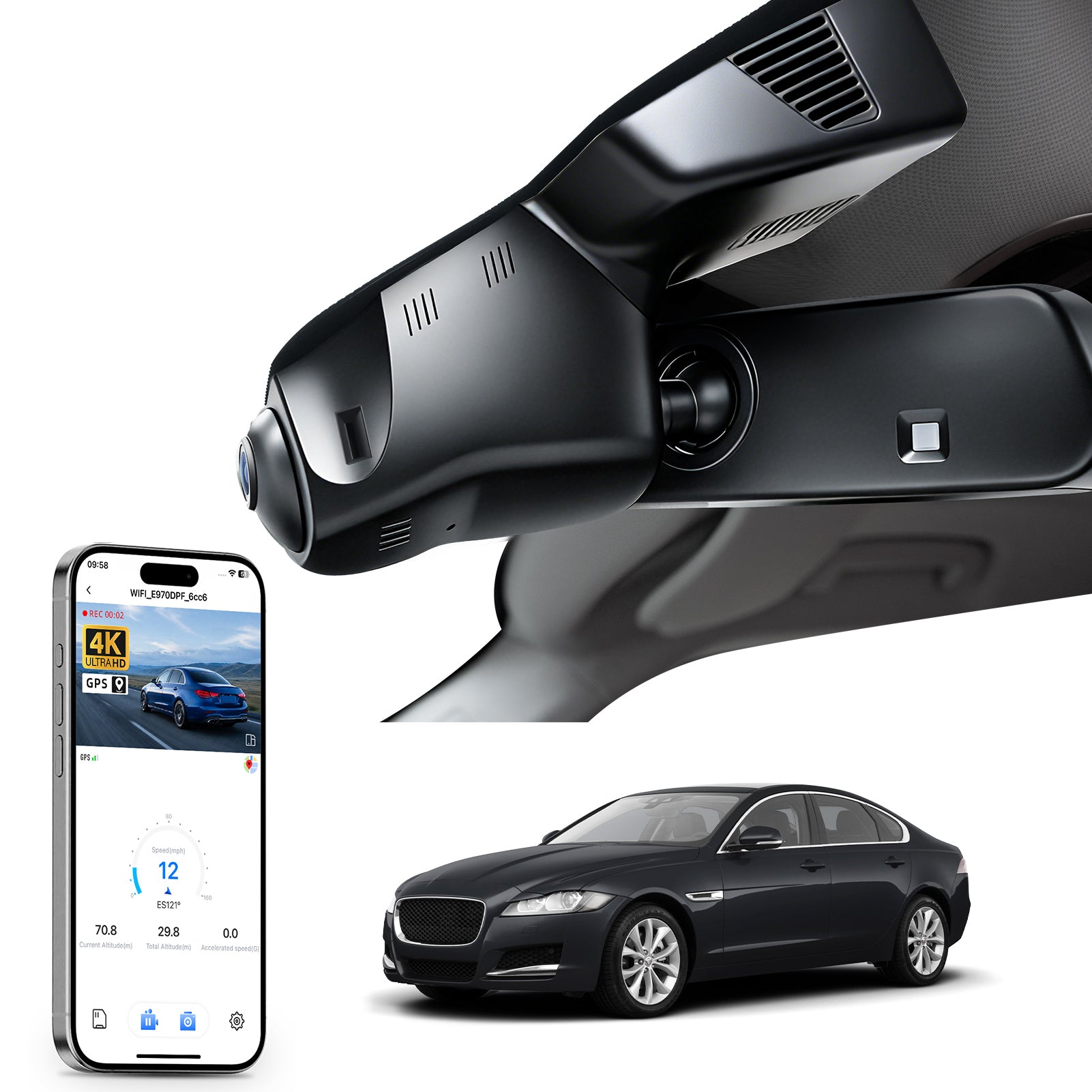 2 channel dash cam with dual STARVIS 2, features smartphone app control, 4K Ultra HD recording, GPS tracking, and Jaguar XF models in the background.