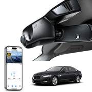 2 channel dash cam with dual STARVIS 2, features smartphone app control, 4K Ultra HD recording, GPS tracking, and Jaguar XF models in the background.