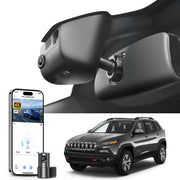2 channel dash cam with dual STARVIS 2, features smartphone app control, 4K Ultra HD recording, GPS tracking, and Jeep Cherokee models in the background.