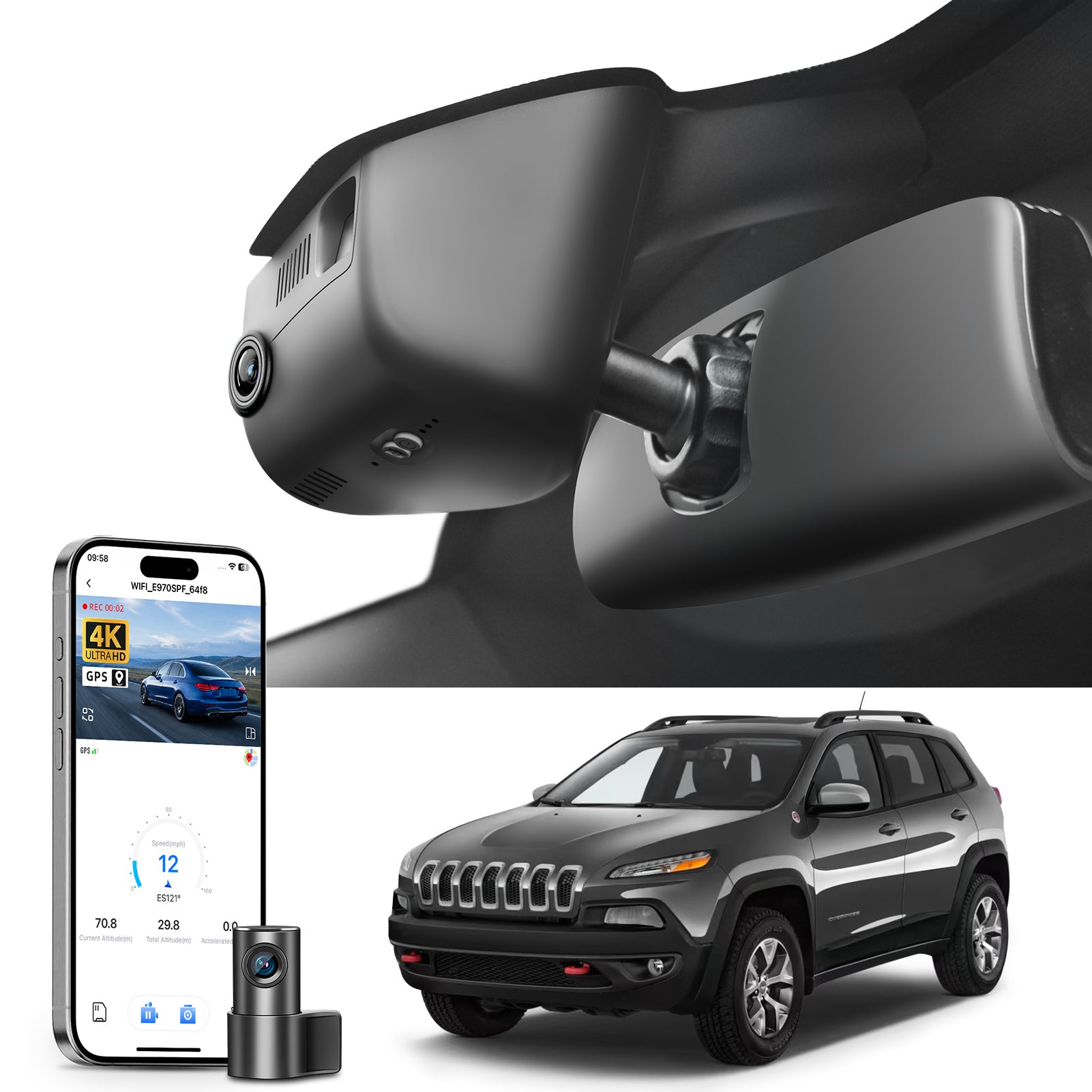 2 channel dash cam with dual STARVIS 2, features smartphone app control, 4K Ultra HD recording, GPS tracking, and Jeep Cherokee models in the background.