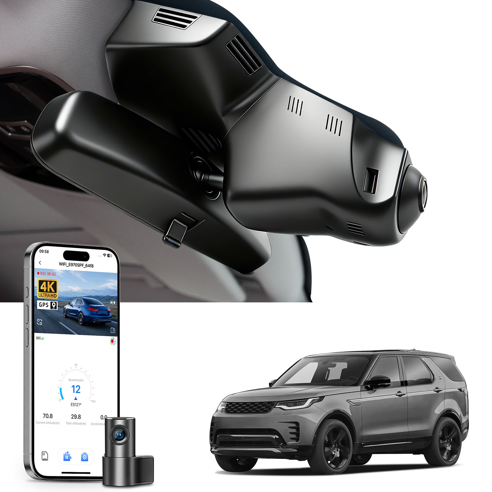 2 channel dash cam with dual STARVIS 2, features smartphone app control, 4K Ultra HD recording, GPS tracking, and Land Rover Discovery 4 / LR4 models in the background. 