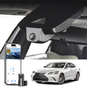 2 channel dash cam with dual STARVIS 2, features smartphone app control, 4K Ultra HD recording, GPS tracking, and Lexus ES models in the background.