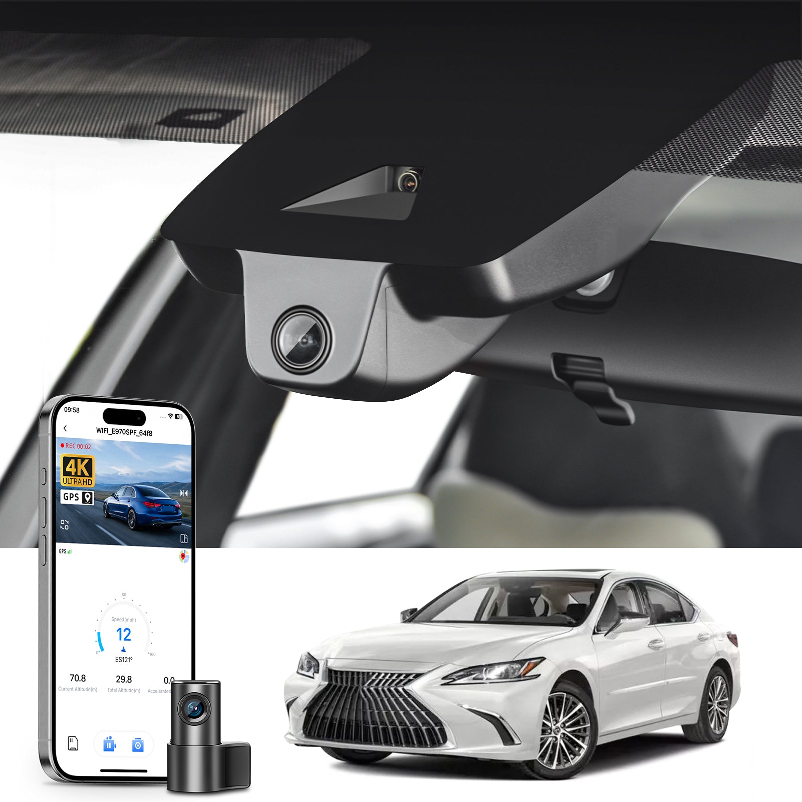 2 channel dash cam with dual STARVIS 2, features smartphone app control, 4K Ultra HD recording, GPS tracking, and Lexus ES models in the background.