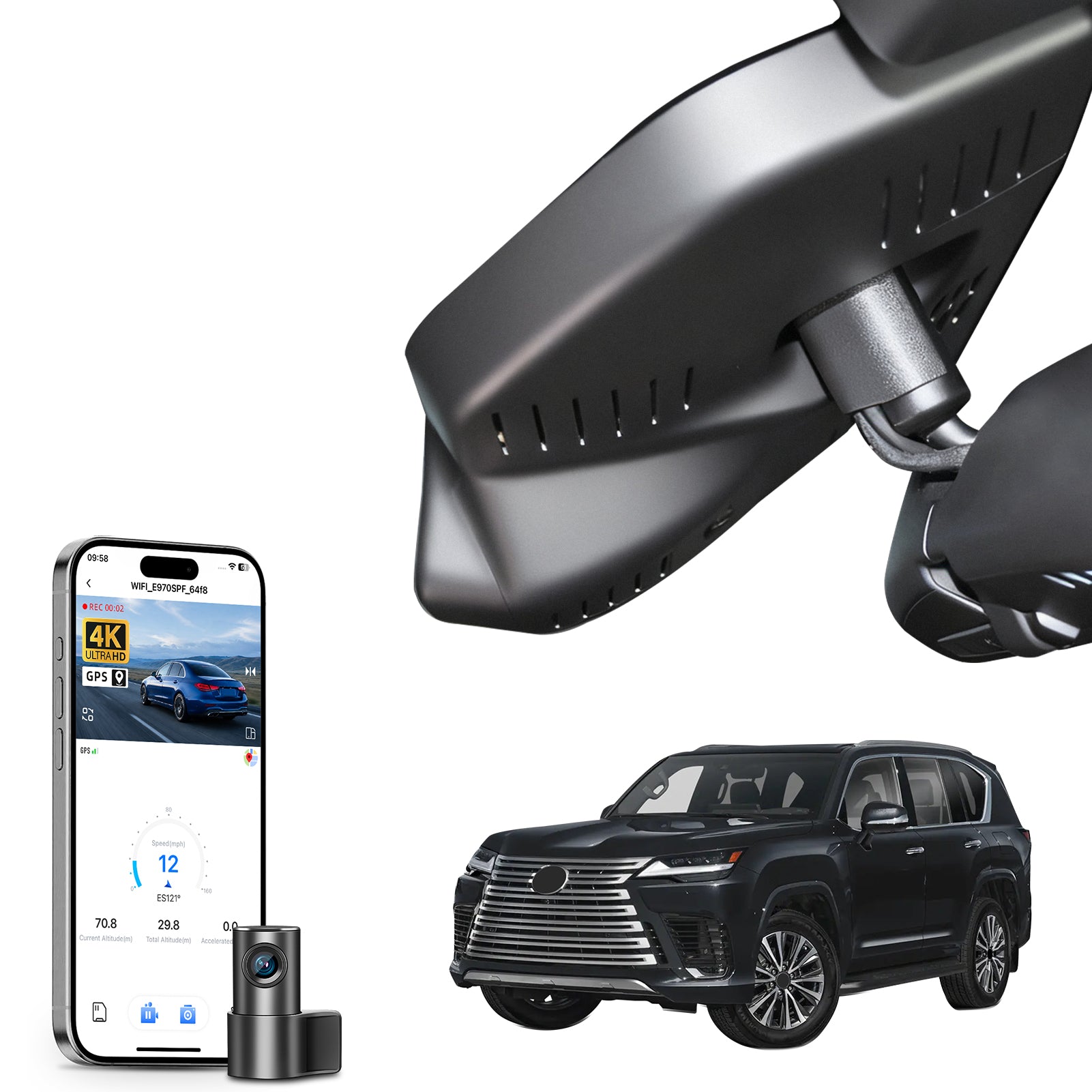 2 channel dash cam with dual STARVIS 2, features smartphone app control, 4K Ultra HD recording, GPS tracking, and Lexus LX models in the background.