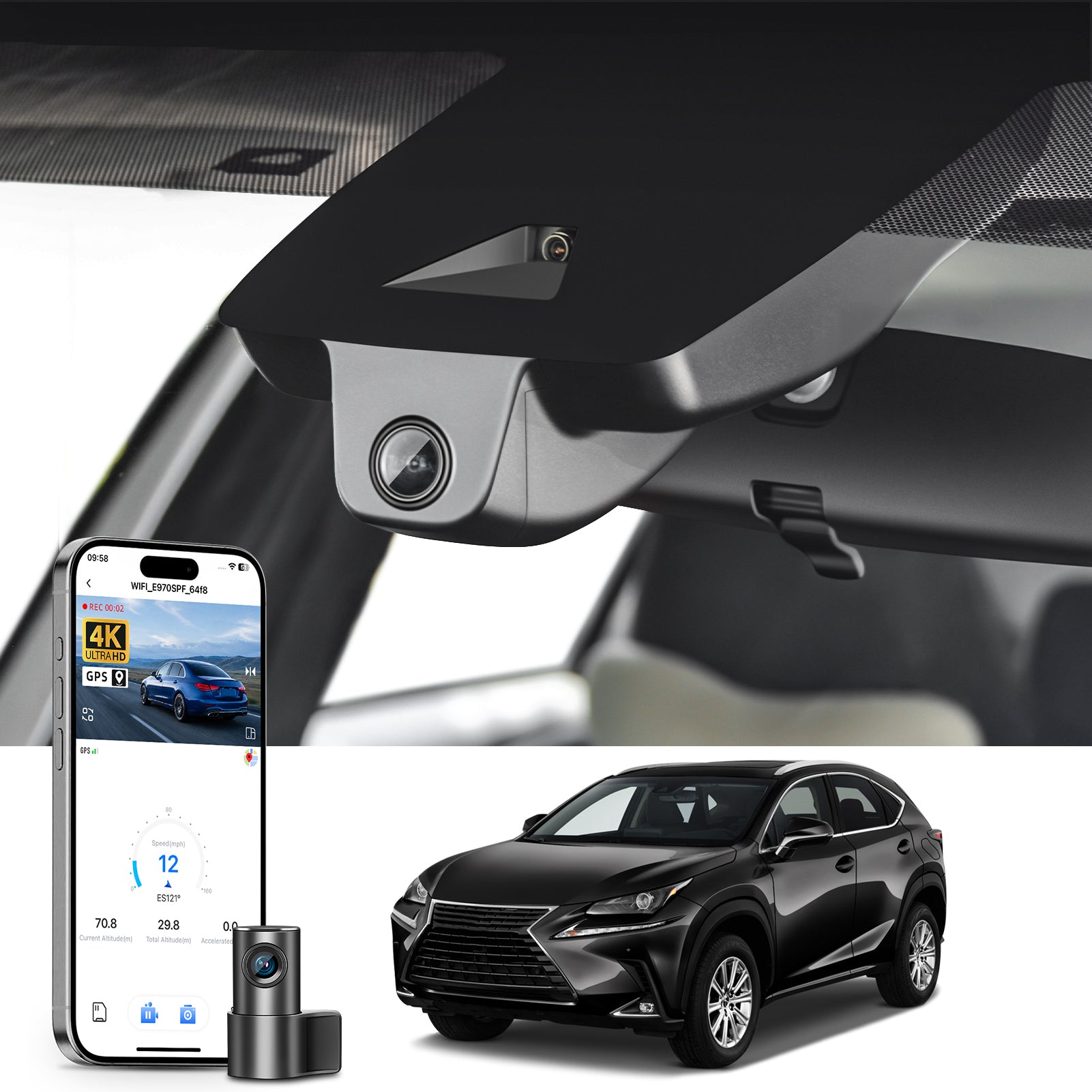 2 channel dash cam with dual STARVIS 2, features smartphone app control, 4K Ultra HD recording, GPS tracking, and Lexus NX models in the background.