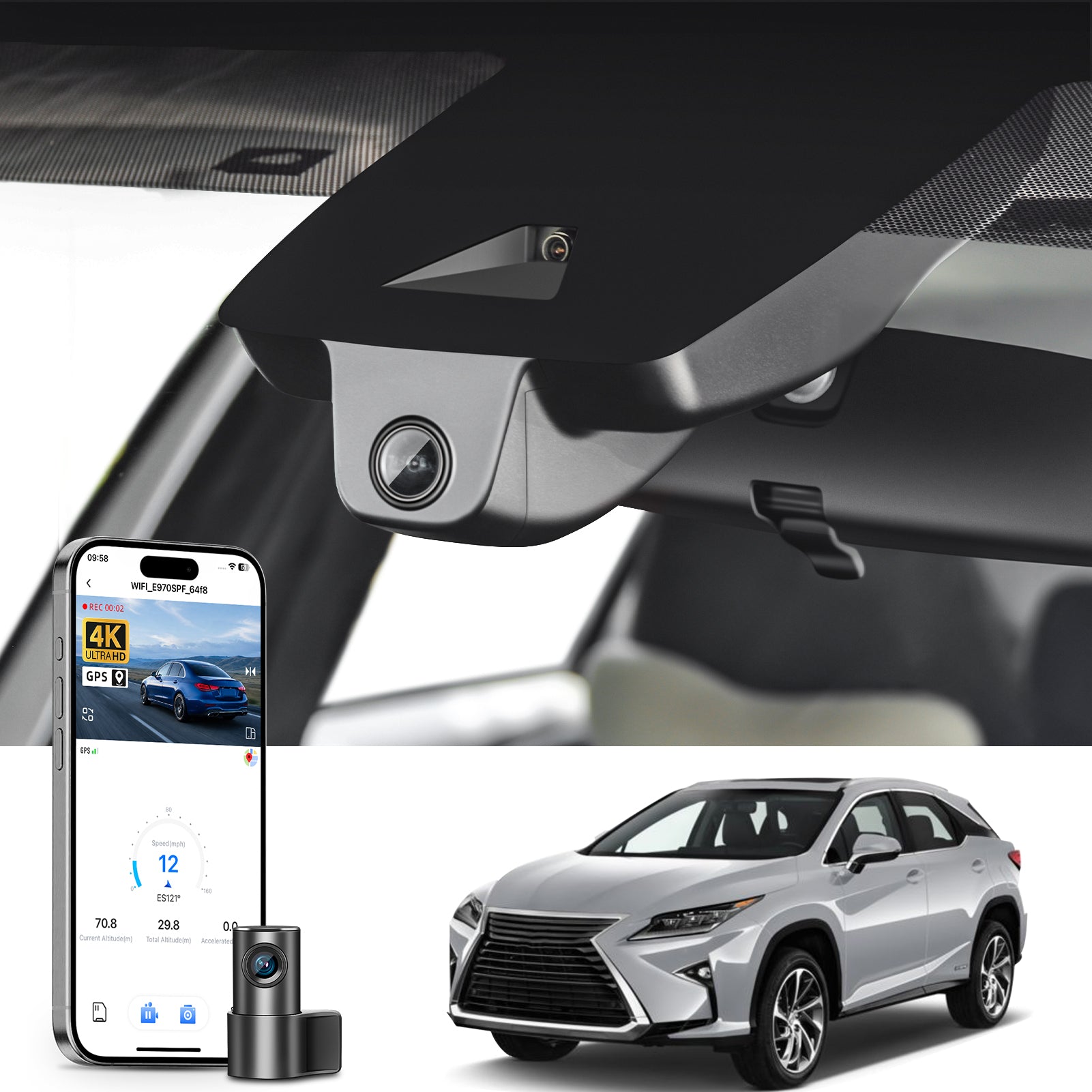 2 channel dash cam with dual STARVIS 2, features smartphone app control, 4K Ultra HD recording, GPS tracking, and Lexus NX models in the background.