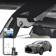 2 channel dash cam with dual STARVIS 2, features smartphone app control, 4K Ultra HD recording, GPS tracking, and Lexus UX models in the background.