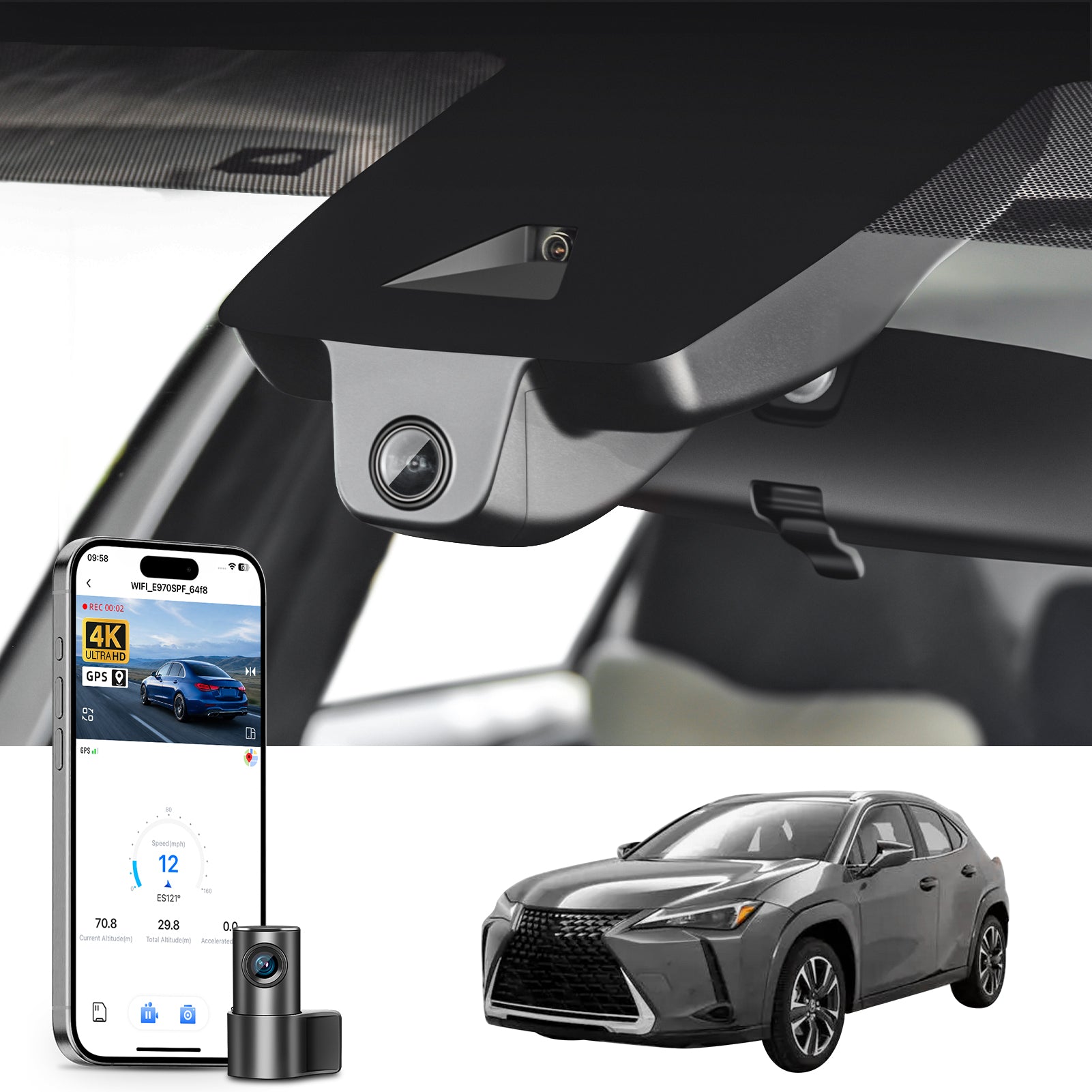 2 channel dash cam with dual STARVIS 2, features smartphone app control, 4K Ultra HD recording, GPS tracking, and Lexus UX models in the background.