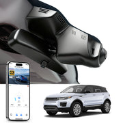 Car rearview mirror built-in dash cam with smartphone app control, 4K Ultra HD recording, GPS tracking and Land Rover Range Rover Evoque models in the background.
