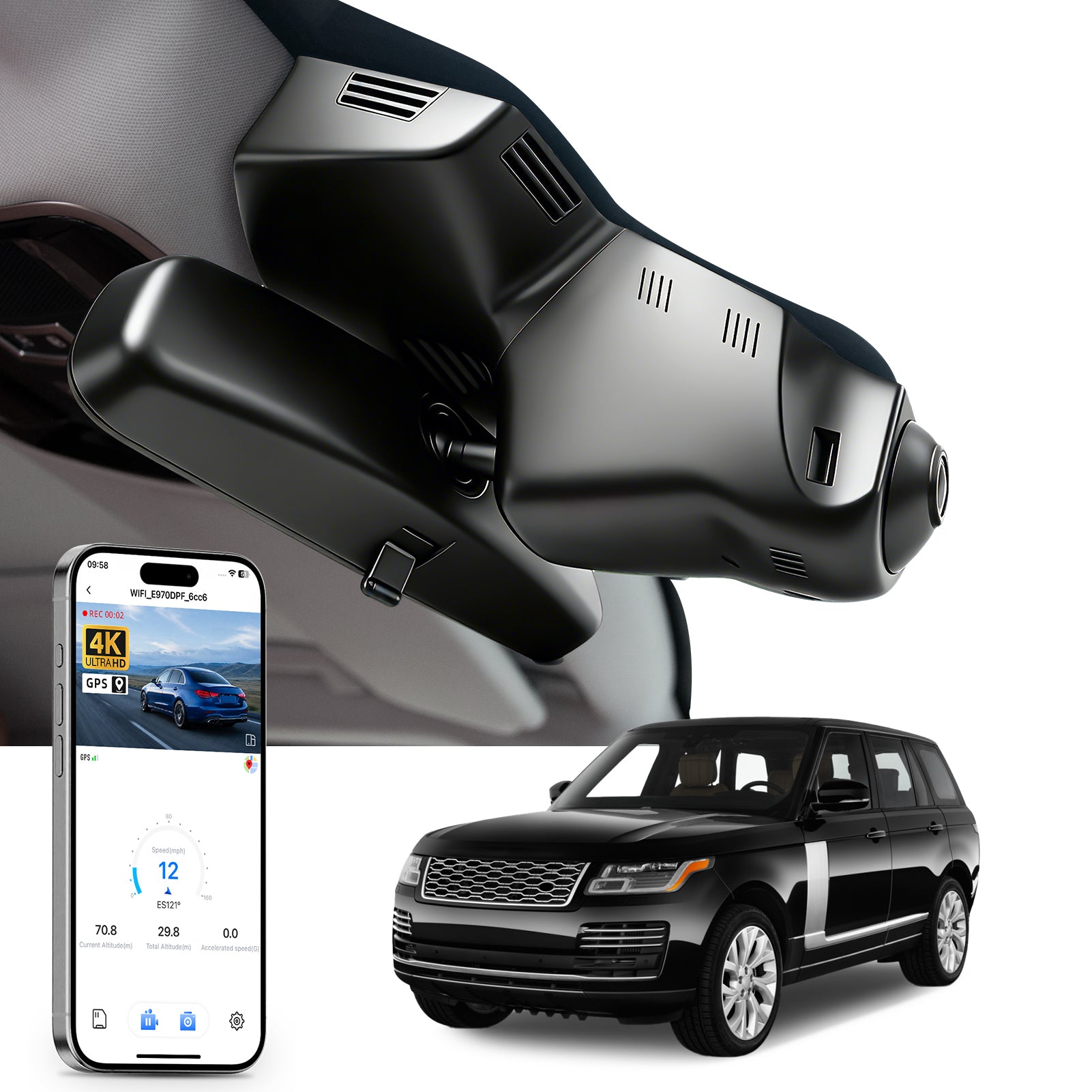 Car rearview mirror built-in dash cam with smartphone app control, 4K Ultra HD recording, GPS tracking and Land Rover Range Rover & Range Rover Sport models in the background.