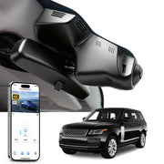 Car rearview mirror built-in dash cam with smartphone app control, 4K Ultra HD recording, GPS tracking and Land Rover Range Rover & Range Rover Sport models in the background.