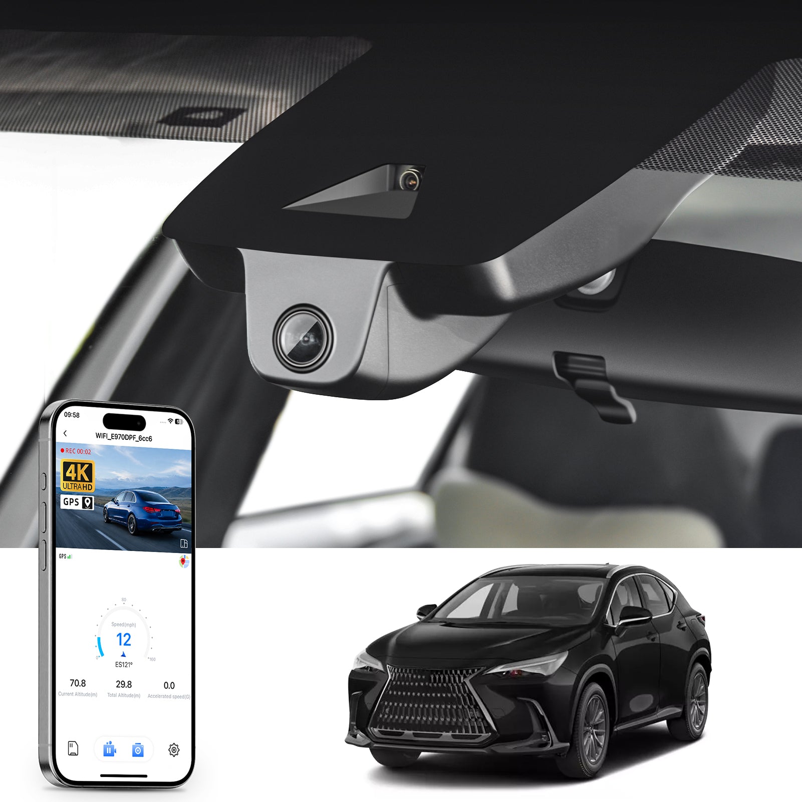 Car rearview mirror built-in dash cam with smartphone app control, 4K Ultra HD recording, GPS tracking and Lexus NX models in the background.