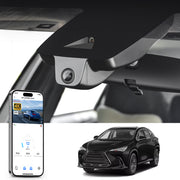 Car rearview mirror built-in dash cam with smartphone app control, 4K Ultra HD recording, GPS tracking and Lexus NX models in the background.