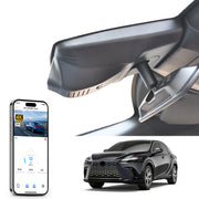 Car rearview mirror built-in dash cam with smartphone app control, 4K Ultra HD recording, GPS tracking and Lexus RX models in the background.