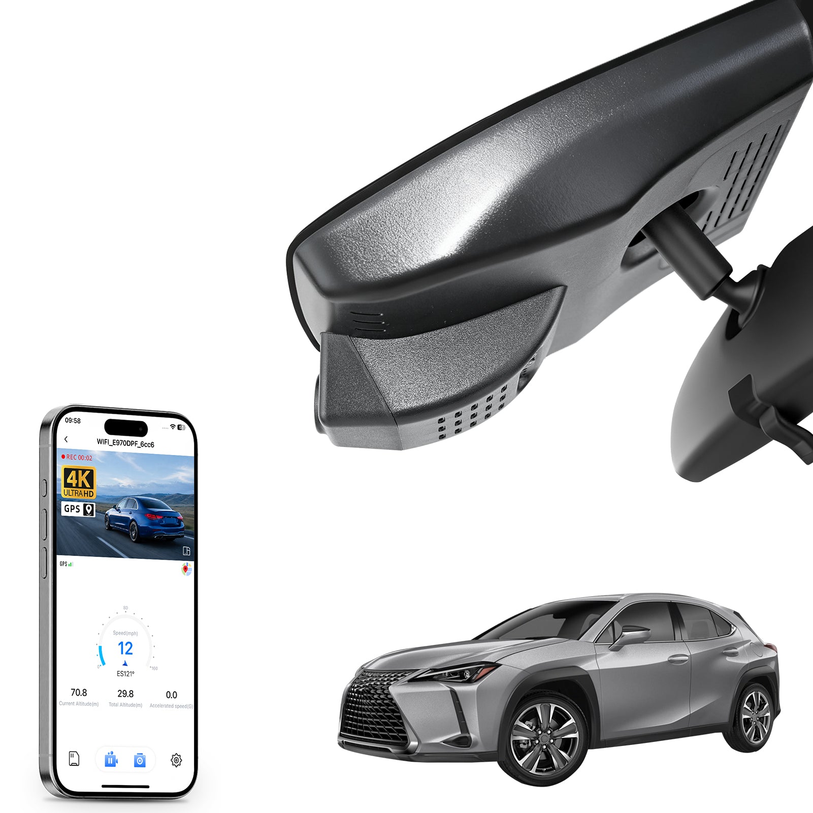 Car rearview mirror built-in dash cam with smartphone app control, 4K Ultra HD recording, GPS tracking and Lexus UX models in the background.