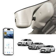 Mangoal rearview mirror built-in dash cam with smartphone app control, 4K Ultra HD recording, GPS tracking, and Audi Gray models in the background.