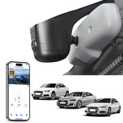 Mangoal rearview mirror built-in dash cam with smartphone app control, 4K Ultra HD recording, GPS tracking, and Audi Black models in the background.