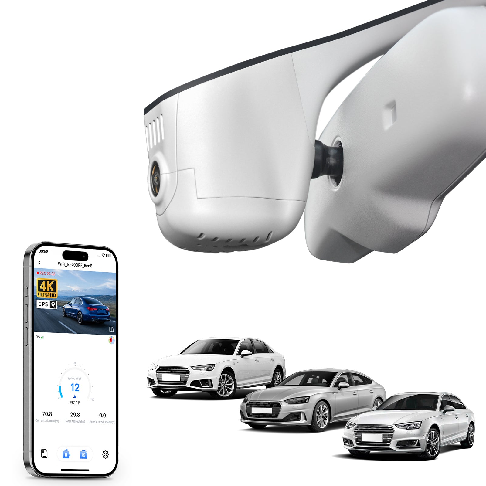 Mangoal rearview mirror built-in dash cam with smartphone app control, 4K Ultra HD recording, GPS tracking, and Audi Gray models in the background.