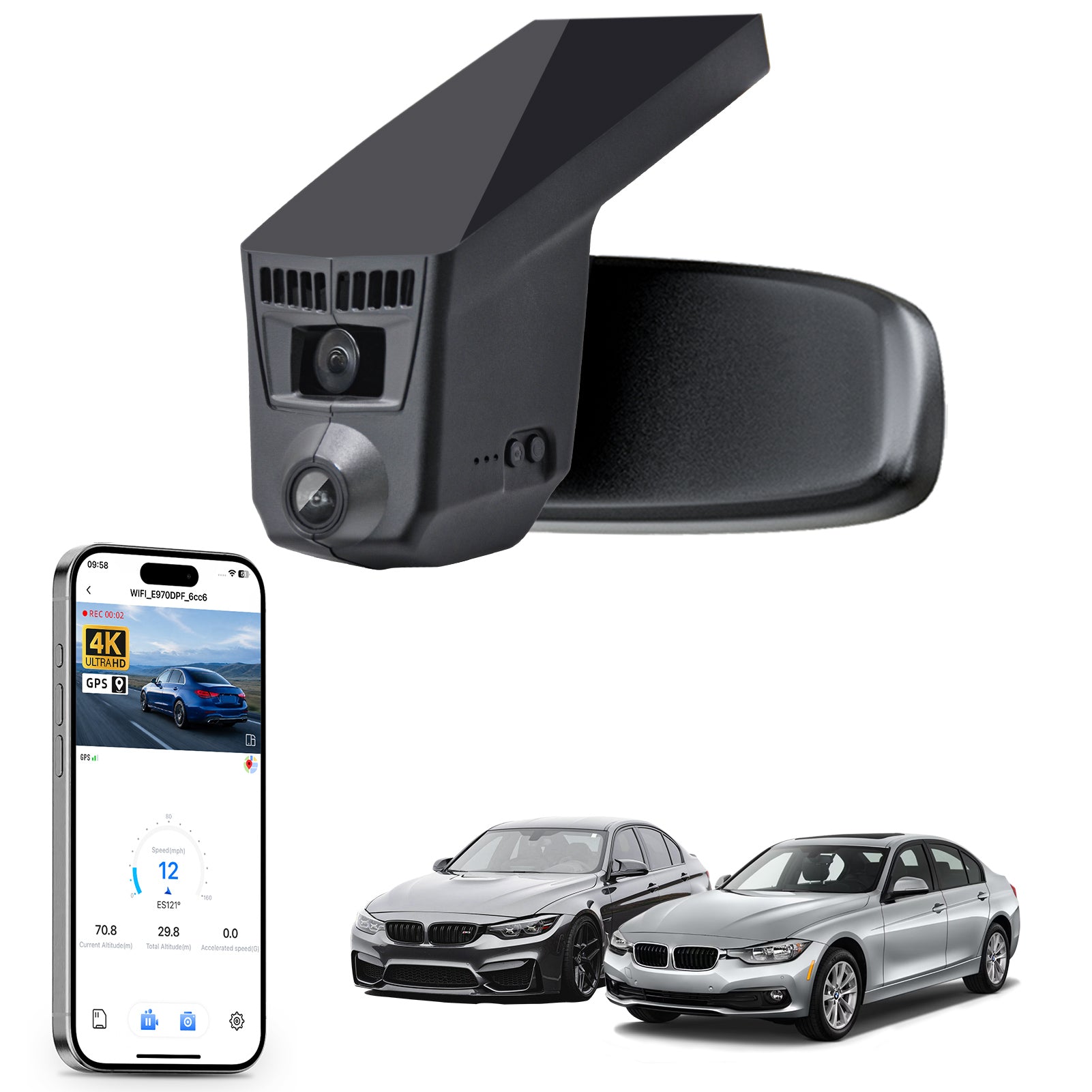 Mangoal rearview mirror built-in dash cam with smartphone app control, 4K Ultra HD recording, GPS tracking, and BMW 3 Series Gen6 models in the background.