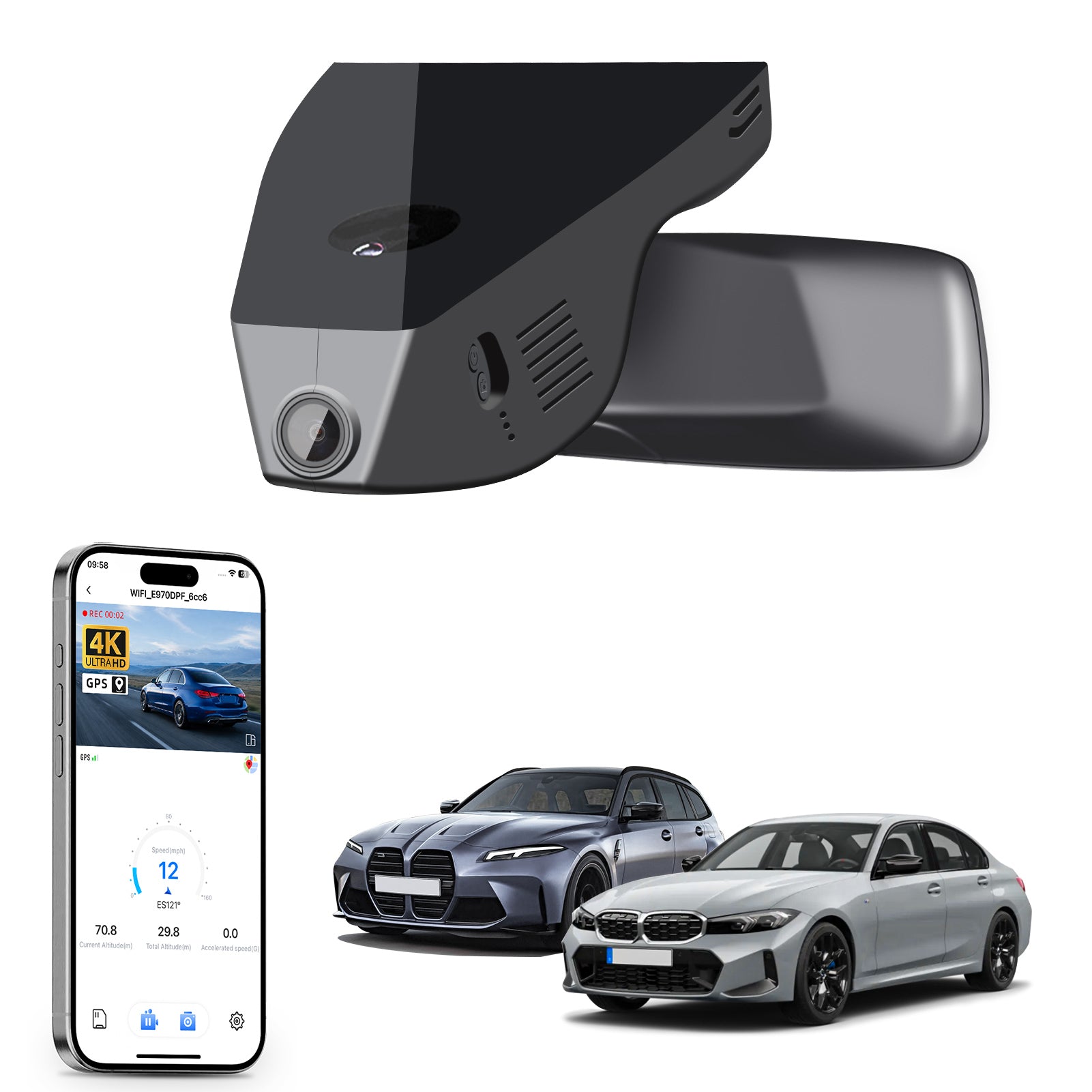 Mangoal rearview mirror built-in dash cam with smartphone app control, 4K Ultra HD recording, GPS tracking, and BMW 3 Series Gen7 models in the background.
