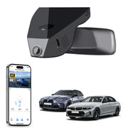 Mangoal rearview mirror built-in dash cam with smartphone app control, 4K Ultra HD recording, GPS tracking, and BMW 3 Series Gen7 models in the background.