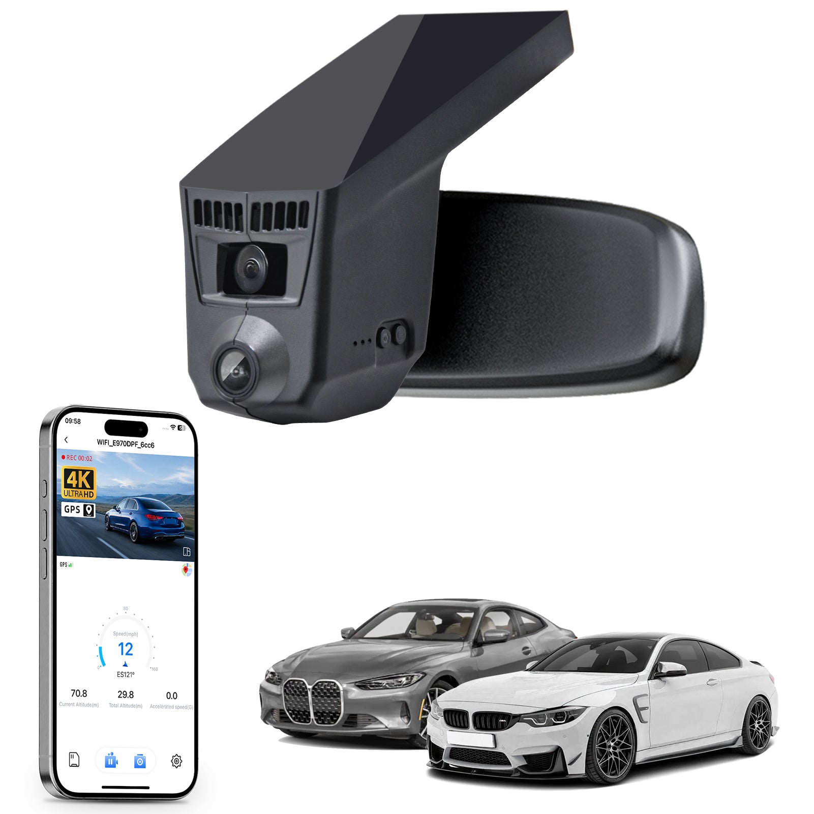 Mangoal rearview mirror built-in dash cam with smartphone app control, 4K Ultra HD recording, GPS tracking, and BMW 4 Series Gen1 models in the background.