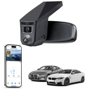 Mangoal rearview mirror built-in dash cam with smartphone app control, 4K Ultra HD recording, GPS tracking, and BMW 4 Series Gen1 models in the background.