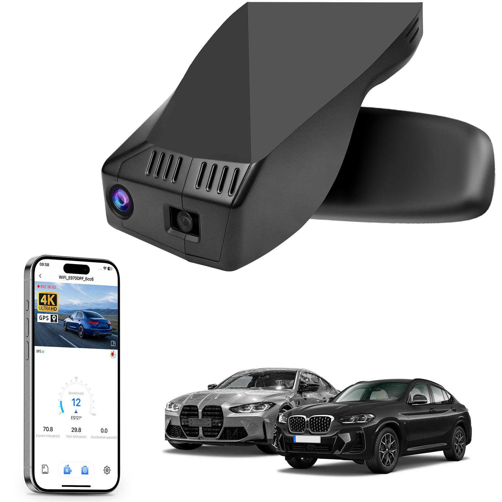 Mangoal rearview mirror built-in dash cam with smartphone app control, 4K Ultra HD recording, GPS tracking, and BMW 4 Series Gen2 models in the background.